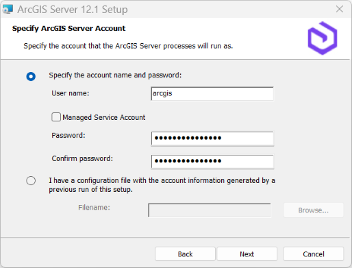 Specify the ArcGIS Server account.
